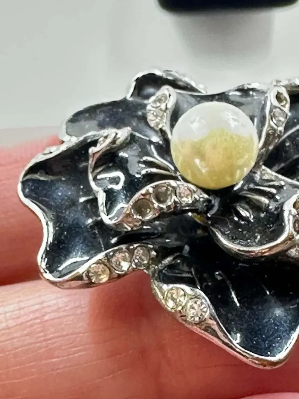 Vintage RA Robert Allison Rhinestone and Enamel Flower Statement Ring
